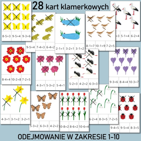 Przykładowe wiosenne karty klamerkowe do odejmowania w zakresie 1–10