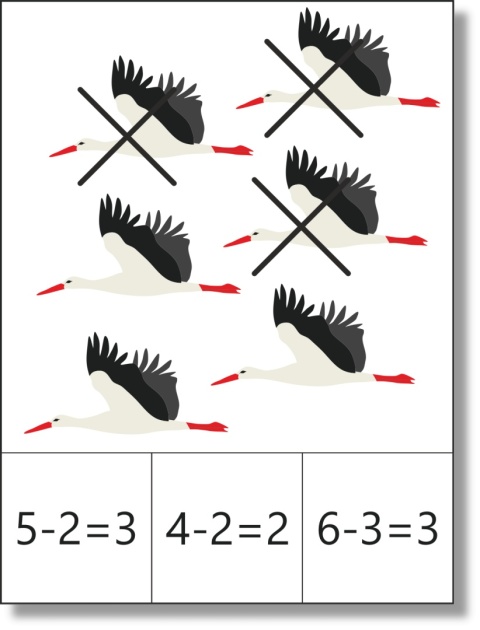 Karta klamerkowa do odejmowania w zakresie 1–10 z ilustracją bocianów