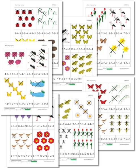 Podgląd siedmiu stron PDF z wiosennymi kartami klamerkowymi do odejmowania w zakresie 1–10
