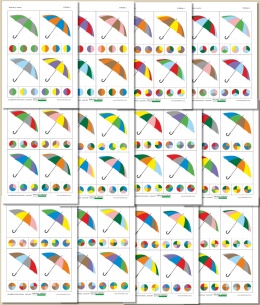 Podgląd 12 stron PDF Łamigłówki klamerkowe – parasole z czterema kolorowymi kartami na każdej stronie