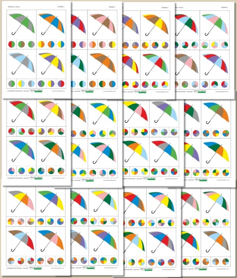 Podgląd 12 stron PDF Łamigłówki klamerkowe – parasole z czterema kolorowymi kartami na każdej stronie