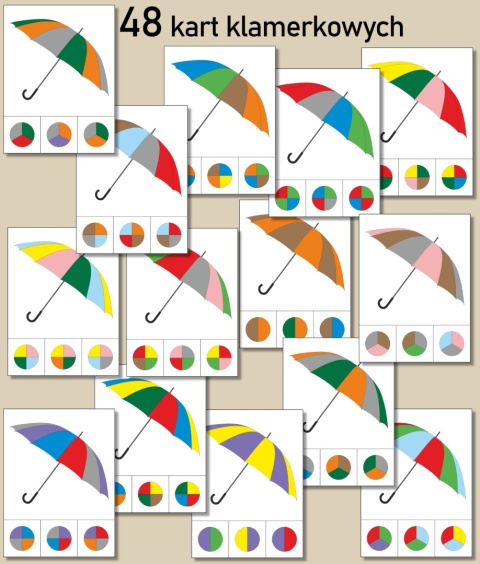 Wycięte karty klamerkowe z kolorowymi parasolami i zestawami kolorów do wyboru