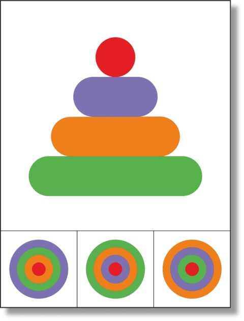 Pojedyncza karta klamerkowa z piramidą z kolorowych krążków i trzema widokami z góry do wyboru