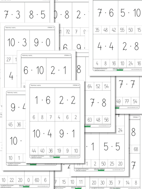 Podgląd stron PDF z kartami klamerkowymi do nauki tabliczki mnożenia do 100