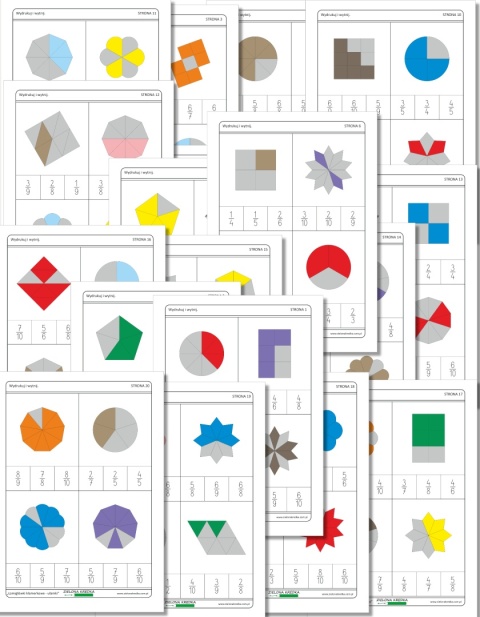 Podgląd 20 stron PDF z kartami klamerkowymi do nauki ułamków zwykłych