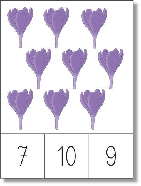 Pojedyncza karta klamerkowa do nauki liczenia z trzema propozycjami odpowiedzi i kolorową ilustracją wiosenną