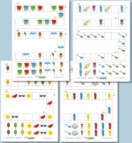 Letnie sekwencje – 3 elementy – zestaw PDF z kartami pracy dla przedszkolaków do układania trzyelementowych sekwencji