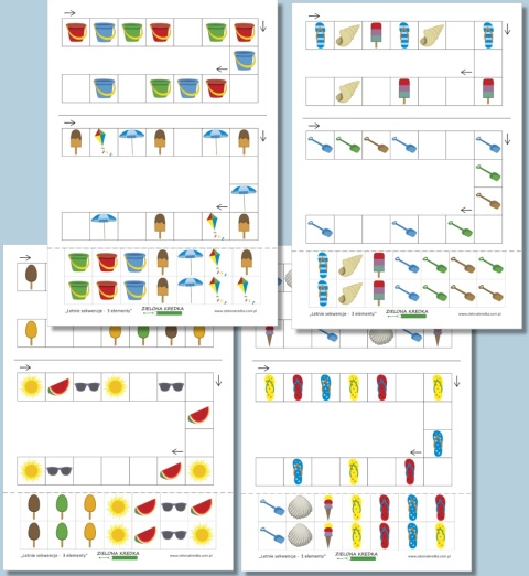 Letnie sekwencje – 3 elementy – zestaw PDF z kartami pracy dla przedszkolaków do układania trzyelementowych sekwencji