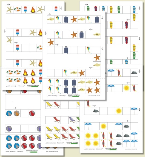 Letnie sekwencje – 4 elementy – zestaw PDF z kartami pracy dla przedszkolaków do uzupełniania czteroelementowych sekwencji