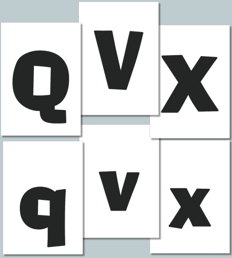 Litery Q, V, X, q, v, x w czcionce AdLib