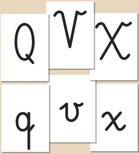 Litery Q, V, X, q, v, x w czcionce Pismo szkolne