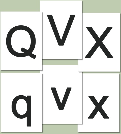 Litery Q V X q v x do druku w czcionce Arial, czarne litery, PDF edukacyjny