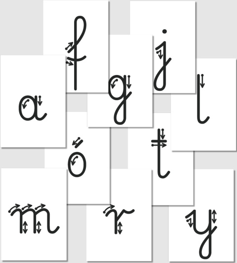 Małe litery alfabetu polskiego z kierunkiem kreślenia – Pismo szkolne, czarne litery, PDF do wydruku
