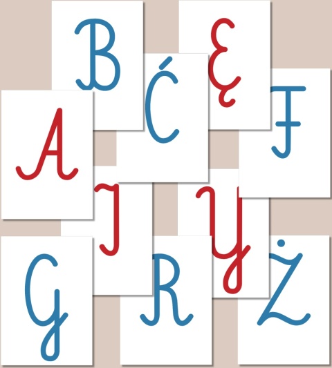 Litery do druku – Pismo szkolne, samogłoski czerwone, spółgłoski niebieskie, przykładowe wielkie litery, PDF