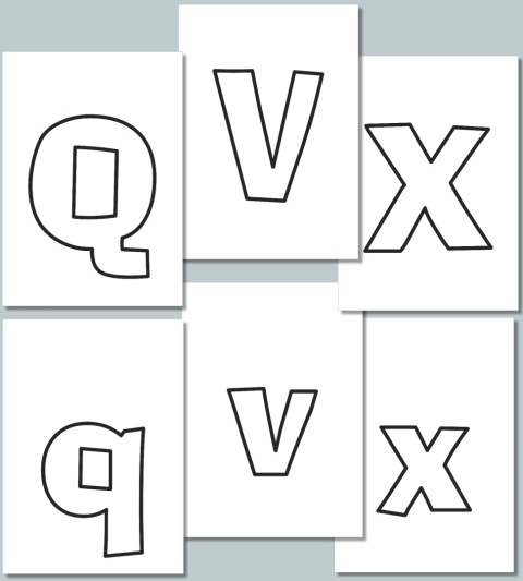 Konturowe litery Q, V, X, q, v, x w czcionce AdLib – do kolorowania