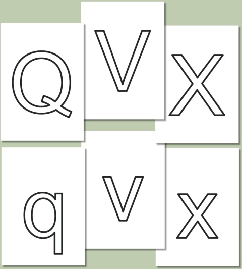 Litery Q V X q v x – kontury do kolorowania, czcionka Arial, PDF do samodzielnego wydruku