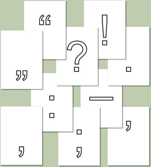 Znaki interpunkcyjne do kolorowania – Arial, kontury znaków ? ! , . ; :, PDF do druku