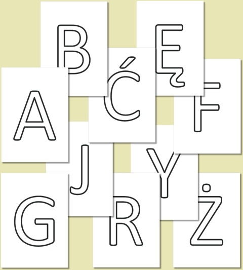 Konturowe wielkie litery alfabetu polskiego w czcionce Calibri – przykładowe 10 liter do kolorowania