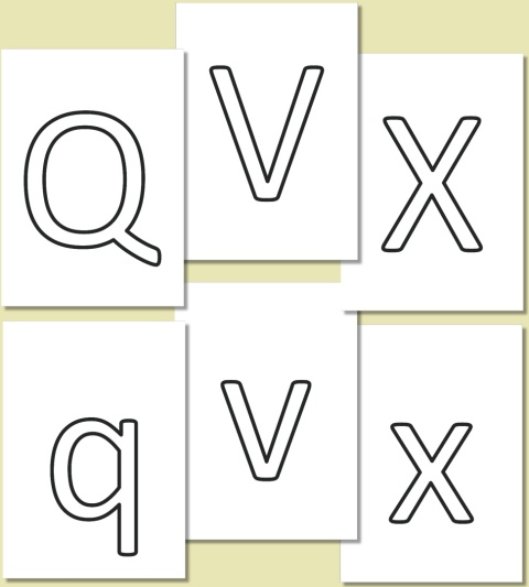 Konturowe litery Q, V, X, q, v, x w czcionce Calibri – do kolorowania