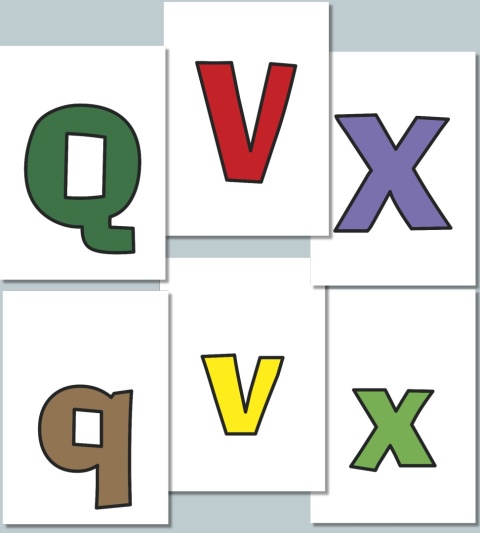 Kolorowe litery Q, V, X, q, v, x w czcionce AdLib – trzy kolory, przykładowe