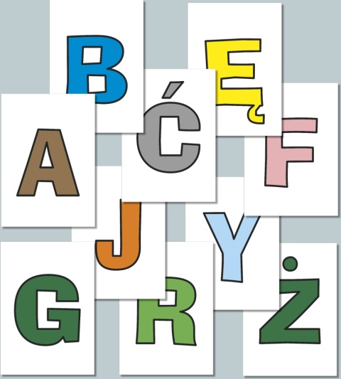 Kolorowe wielkie litery alfabetu polskiego w czcionce AdLib – trzy kolory, przykładowe 10 liter