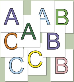 Kolorowe wielkie litery do druku – Arial, litery A B C w trzech kolorach, PDF edukacyjny