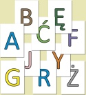 Kolorowe wielkie litery alfabetu polskiego w czcionce Calibri – trzy kolory, przykładowe 10 liter