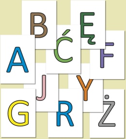 Kolorowe wielkie litery alfabetu polskiego w czcionce Calibri – trzy kolory, przykładowe 10 liter