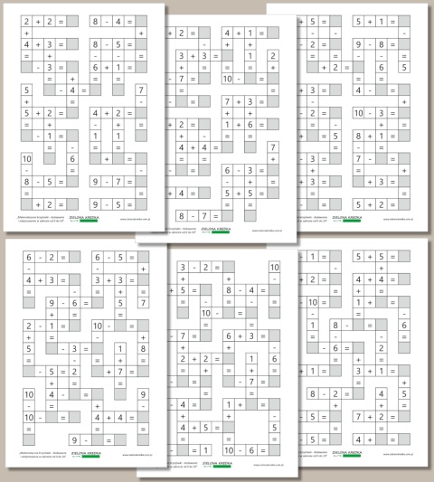Podgląd wszystkich stron zestawu Matematyczne krzyżówki – dodawanie i odejmowanie w zakresie do 10 w formie kart pracy do druku