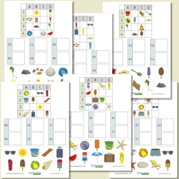 Karty pracy Odczytaj współrzędne – lato. PDF do druku rozwijający logiczne myślenie i analizę położenia na siatce