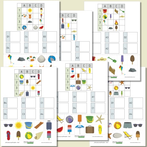 Karty pracy Odczytaj współrzędne – lato. PDF do druku rozwijający logiczne myślenie i analizę położenia na siatce