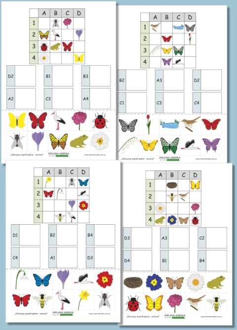 Zestaw Odczytaj współrzędne – wiosna, karty pracy PDF do druku dla dzieci 5–7 lat