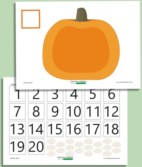 Zestaw edukacyjny do druku Pestki dyni – liczę do 20 z planszą dyni oraz kartami z liczbami i pestkami do wycięcia