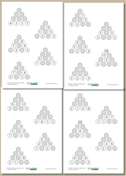 Wszystkie strony zestawu piramidy do dodawania i odejmowania w zakresie od 0 do 20 w formie łamigłówek matematycznych do druku
