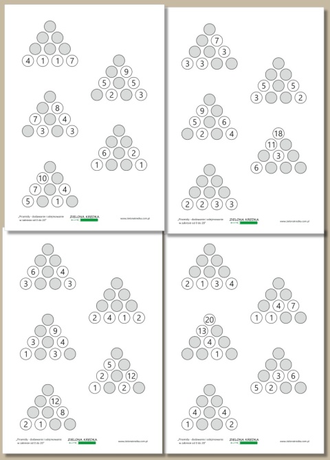 Wszystkie strony zestawu piramidy do dodawania i odejmowania w zakresie od 0 do 20 w formie łamigłówek matematycznych do druku