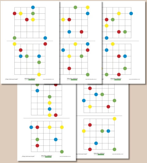 Zestaw kart pracy do łączenia kolorowych kropek bez przecinania linii, PDF do druku