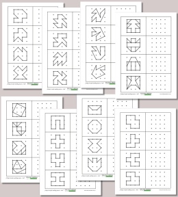 Połącz kropki według wzoru 4x4 – zestaw 32 zadań do druku o różnym poziomie trudności