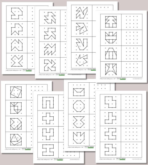 Połącz kropki według wzoru 4x4 – zestaw 32 zadań do druku o różnym poziomie trudności