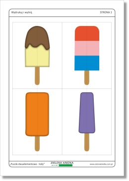 Puzzle dwuelementowe – lody, podgląd strony 1 zestawu PDF do druku