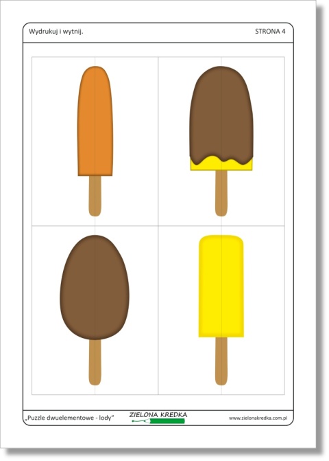 Puzzle dwuelementowe – lody, podgląd strony 4 zestawu PDF do druku