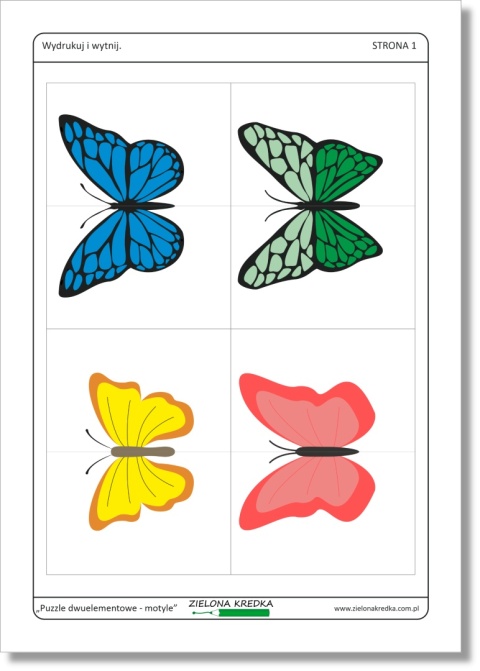 Puzzle dwuelementowe – motyle, podgląd strony 1 zestawu PDF do druku