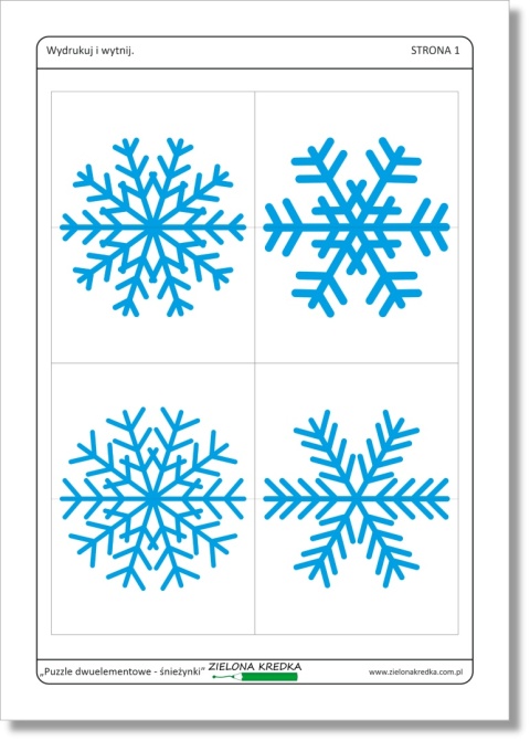 Puzzle dwuelementowe – śnieżynki, podgląd strony 1 zestawu PDF do druku