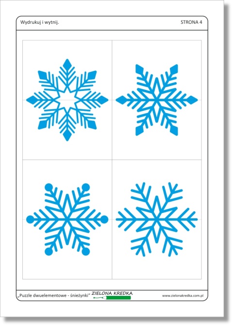 Puzzle dwuelementowe – śnieżynki, podgląd strony 4 zestawu PDF do druku