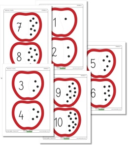 Puzzle jabłka liczę do 10 z kontrolą błędu – podgląd wszystkich stron PDF z jabłkowymi puzzlami do nauki liczenia