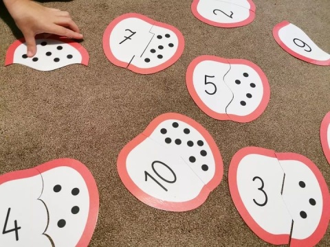 Puzzle jabłka liczę do 10 z kontrolą błędu – dziecko dopasowuje połówki jabłek tak, aby cyfra pasowała do liczby kropek