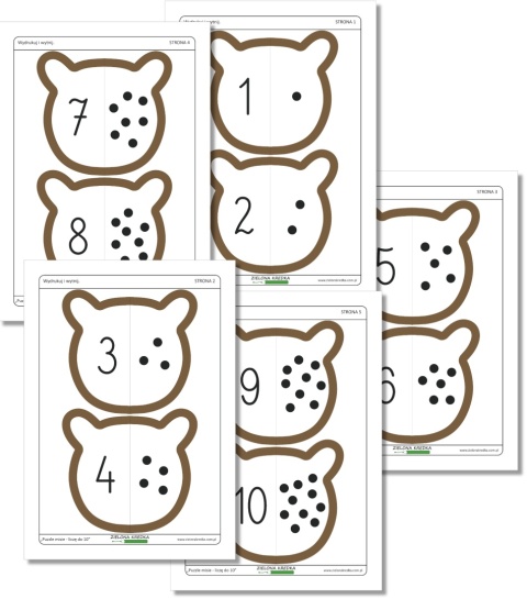 Puzzle misie liczę do 10 – zestaw edukacyjny PDF z pięcioma stronami puzzli do nauki liczenia