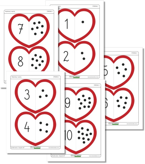 Puzzle serca liczę do 10 – podgląd wszystkich stron PDF z serduszkowymi puzzlami do nauki liczenia