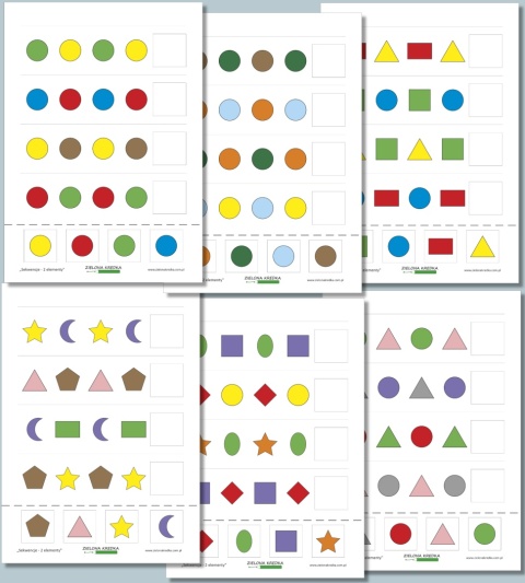 Podgląd wszystkich stron zestawu kart pracy sekwencje 2 elementy z ksztaltami do druku dla przedszkolaków