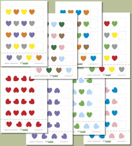 Zestaw kart pracy Sekwencje – 2 elementy (serca) w formacie PDF – krótkie sekwencje do uzupełniania i obrazki do wycinania