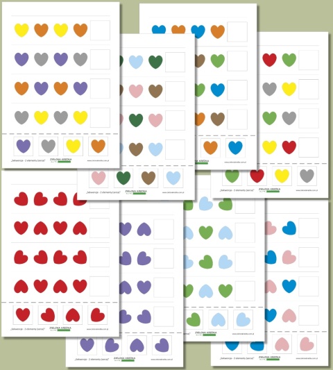 Zestaw kart pracy Sekwencje – 2 elementy (serca) w formacie PDF – krótkie sekwencje do uzupełniania i obrazki do wycinania